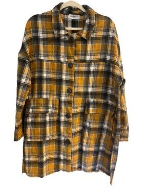 Carly Jean Mustard Yellow&gray Flannel Shacket Women’s Sz M Fringe Hem
